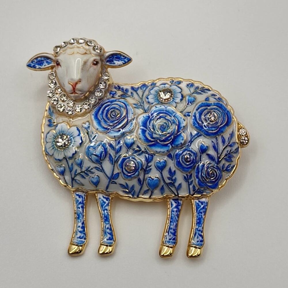 Lamb Sheep Brooch Enamel & Faux Rhinestone Blue Floral Delft Style Pattern